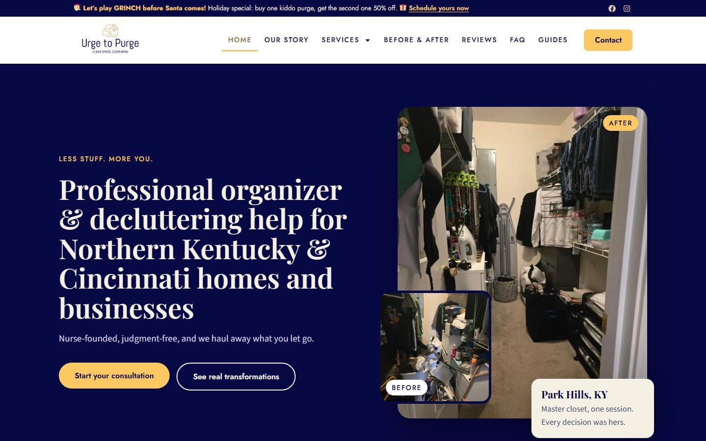 Urge to Purge professional organizing website in Union, KY, designed by Ambition Business Solutions
